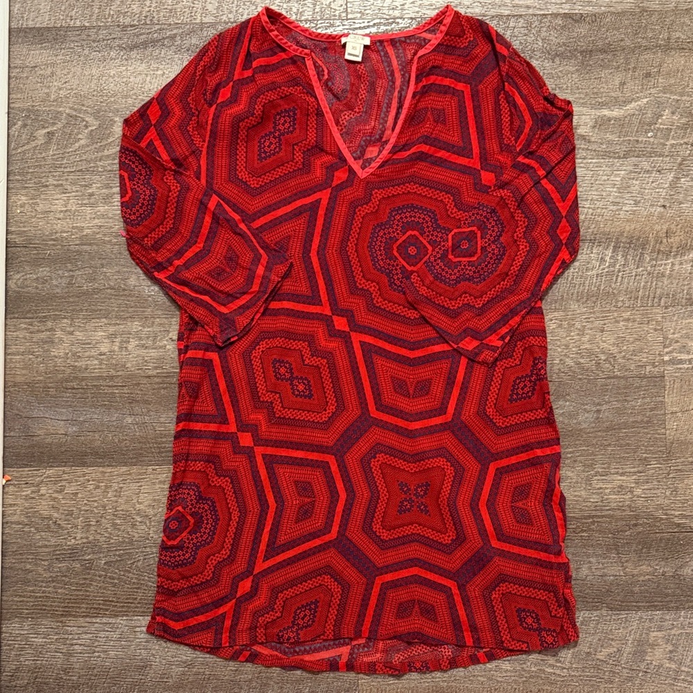 J. Crew Red and Navy Patterned V-Neck Tunic Blouse